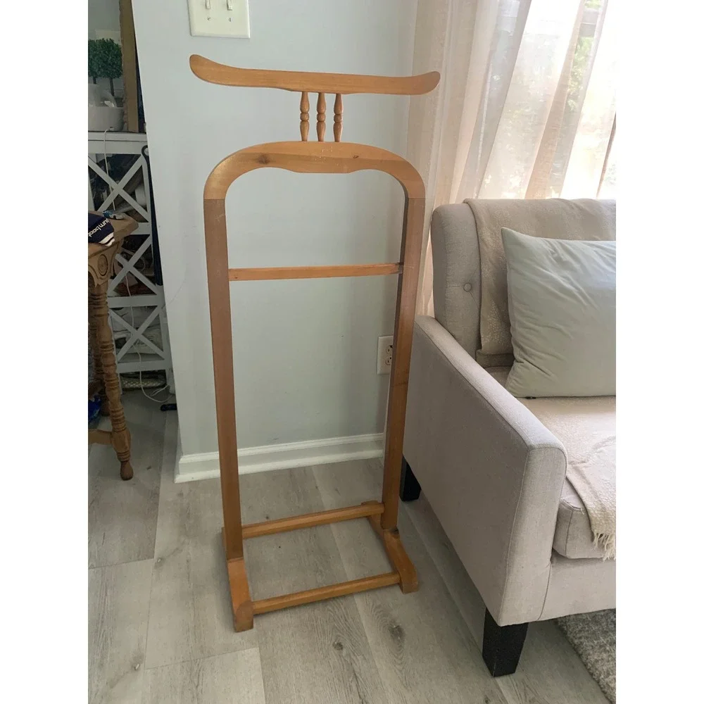 Vintage Wooden Suit Valet Stand Trouser Rack Accessory Tray Mid Century Style
